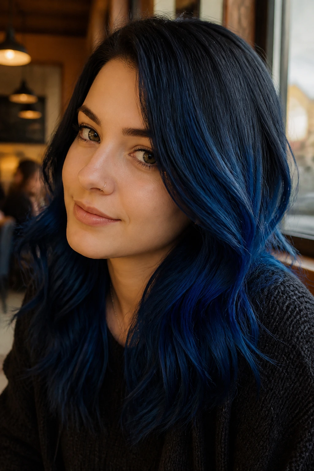 Close-up portrait of a real person with royal blue hair in warm natural light