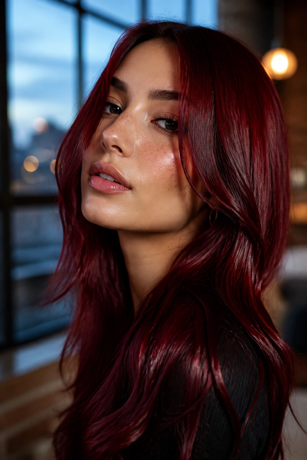 Close-up portrait of a woman with ruby red gloss hair in a loft
