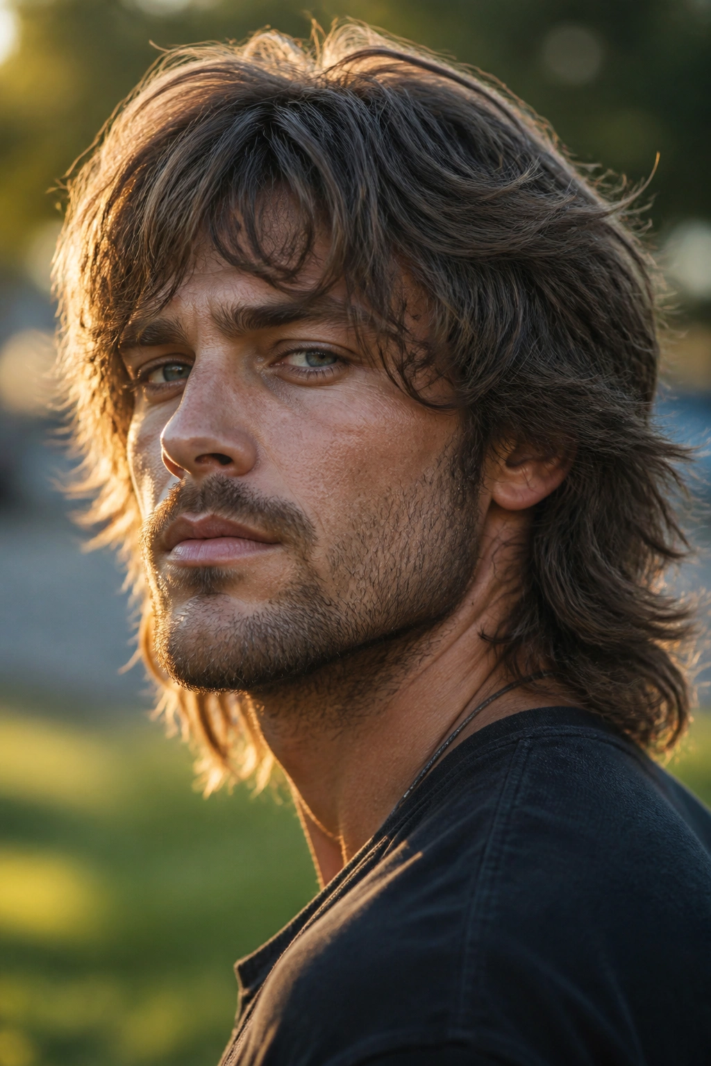 Man with rugged wolf cut hairstyle in golden hour park setting.