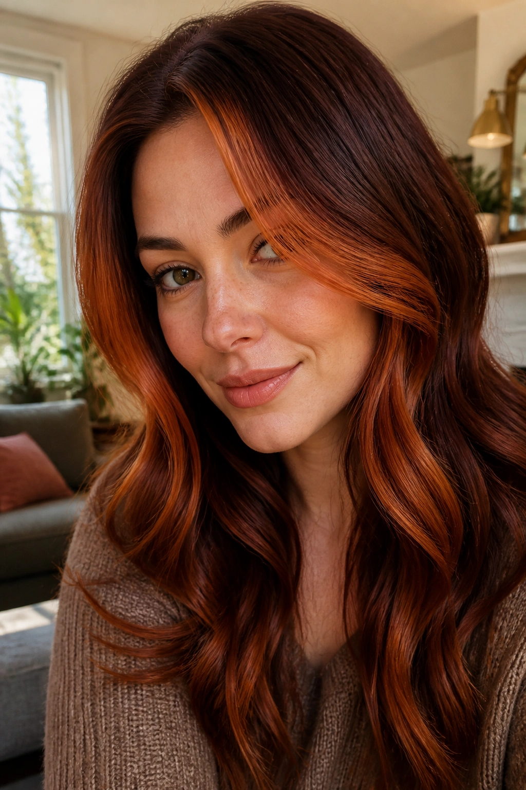 Close-up portrait of a real woman with rust auburn face-framing pieces highlighting her cheeks in warm light.