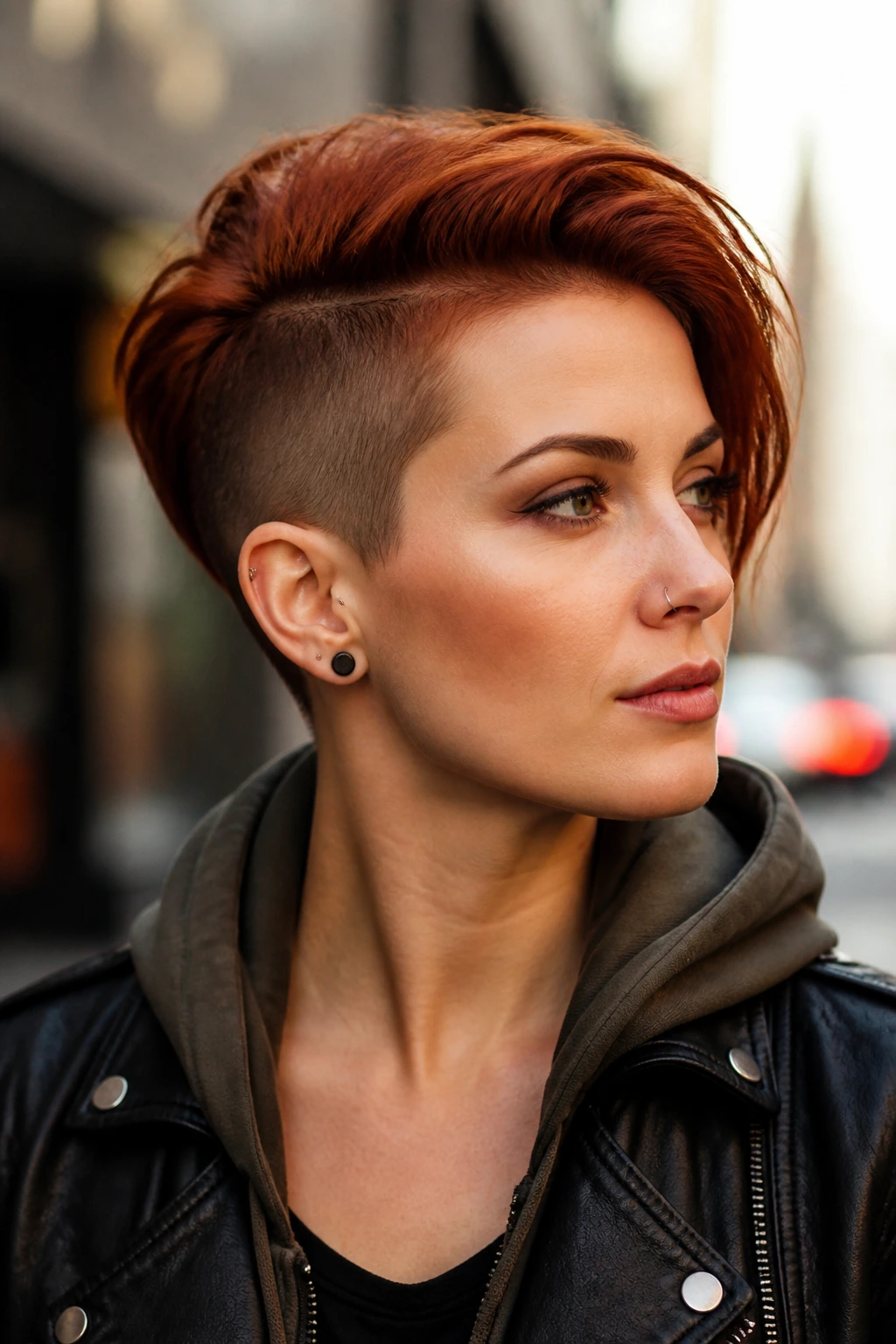 Close-up of a real person with a rust auburn undercut and top-length haircut in an urban daylight setting.