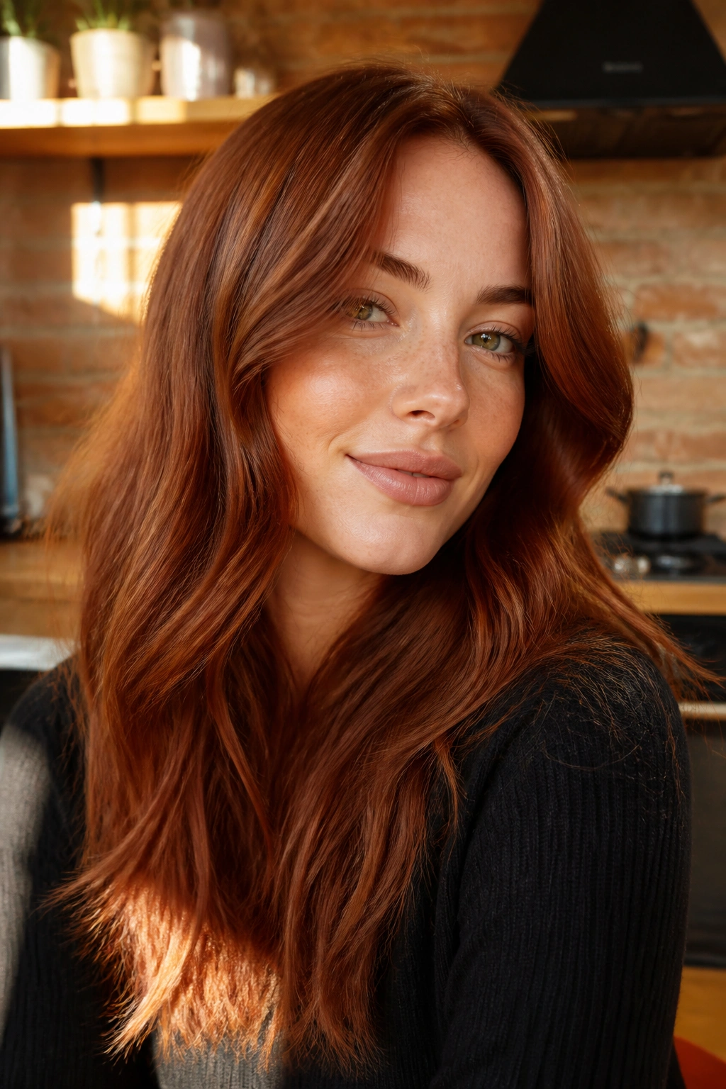 Close-up portrait of a person with rust brown red hair in earthy warm tones