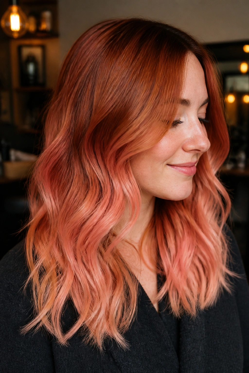 Real woman with rust copper to peach apricot ombre hair