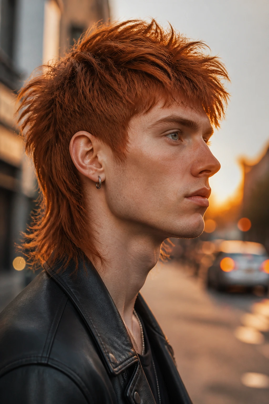 Close-up profile of real person with rusty mullet-wolf hybrid on city street at golden hour