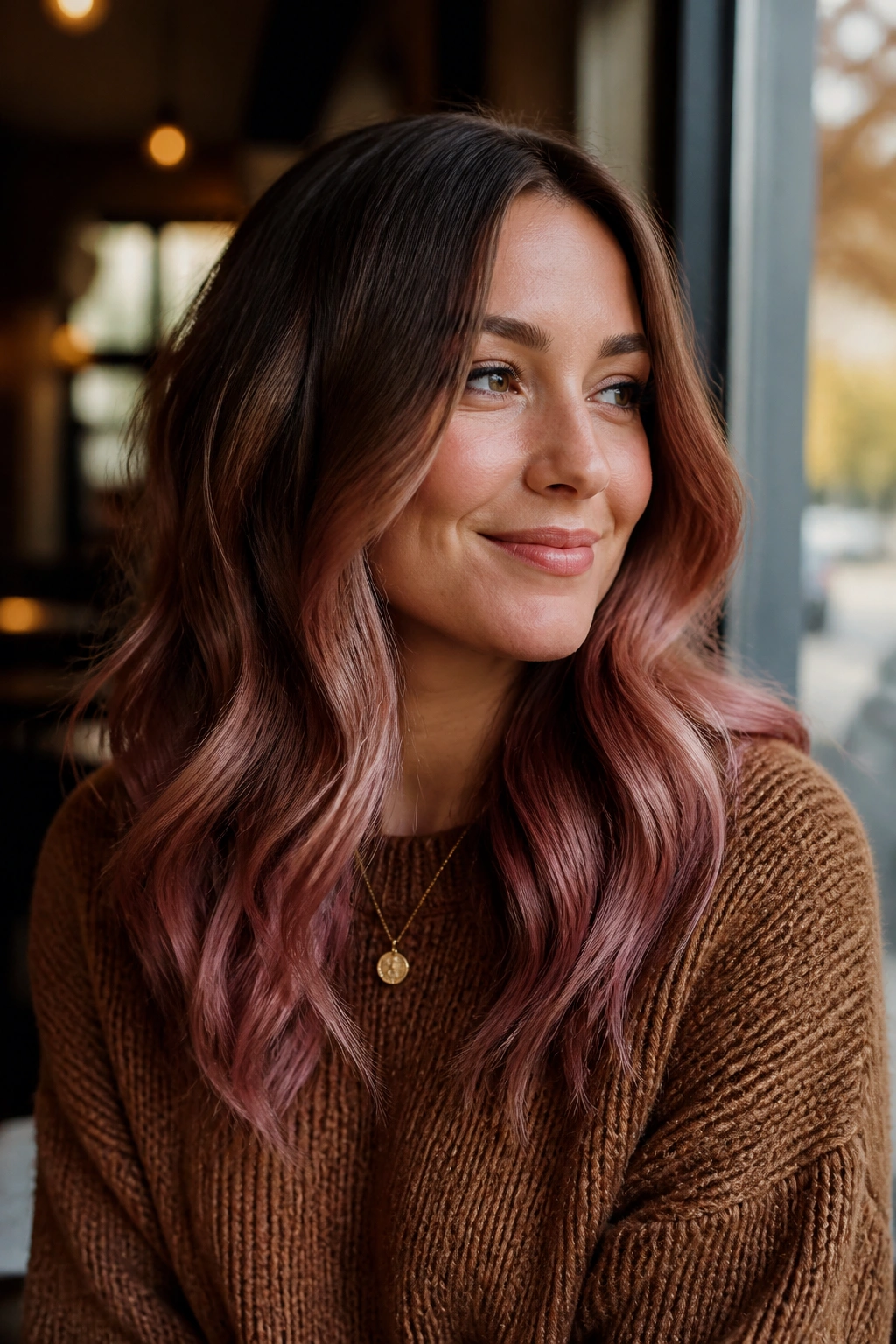 Close-up of a woman with rustic rose brown hair, dusty rose ends