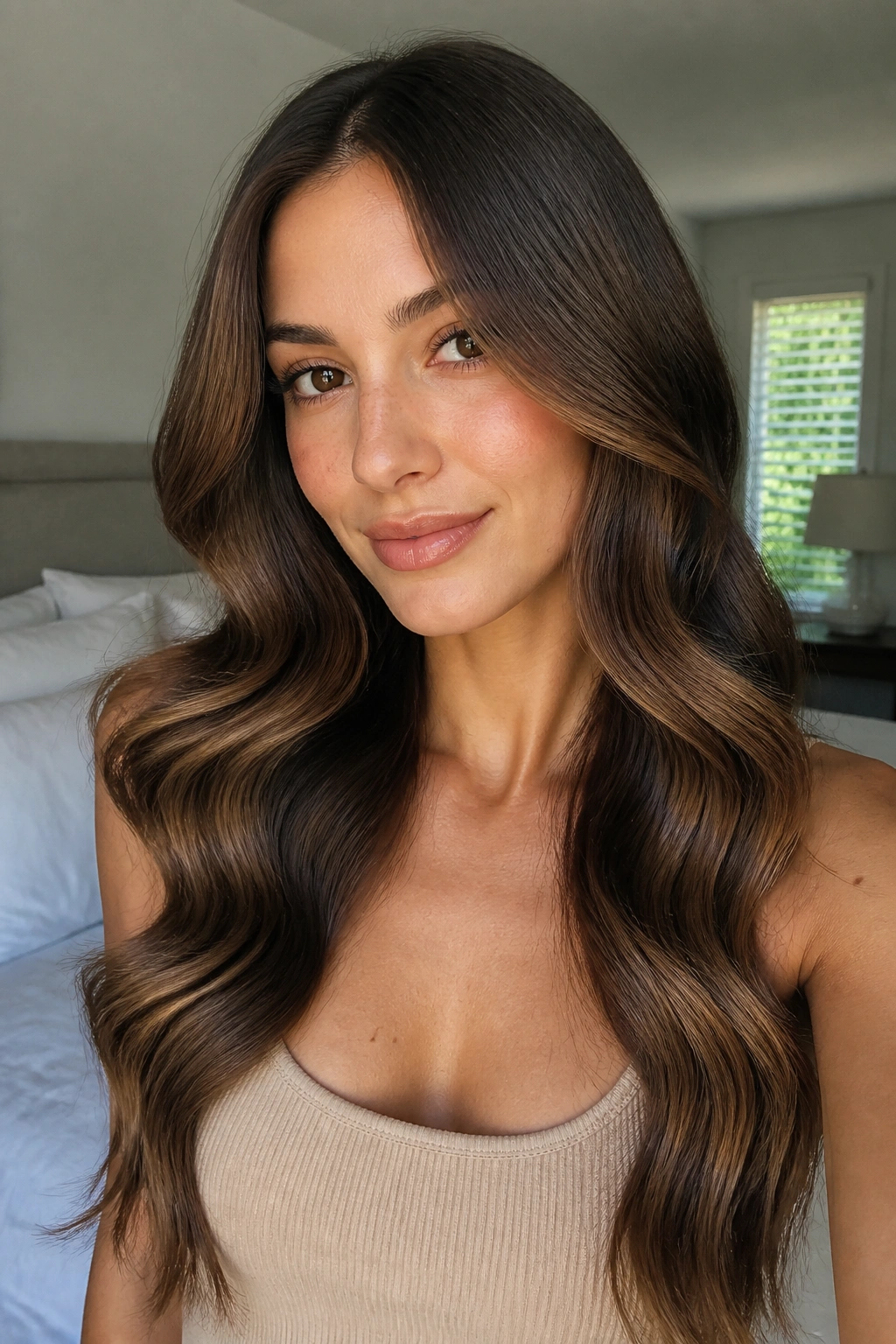 Portrait of a woman with S-bend waves from a wide-barrel iron in soft light.
