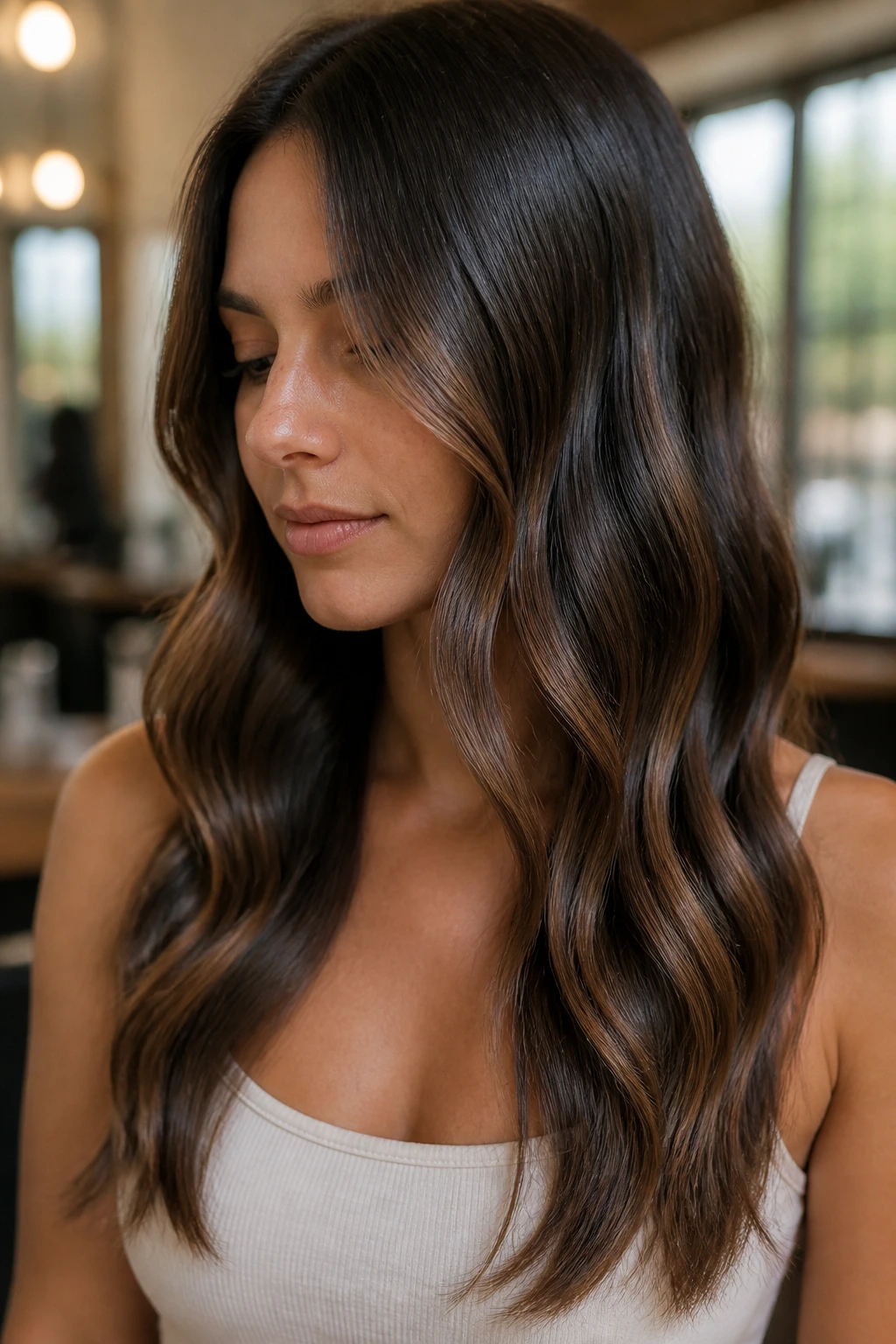 Close-up of a real woman showing soft S-shaped bends created with a flat iron on mid-length hair in warm light