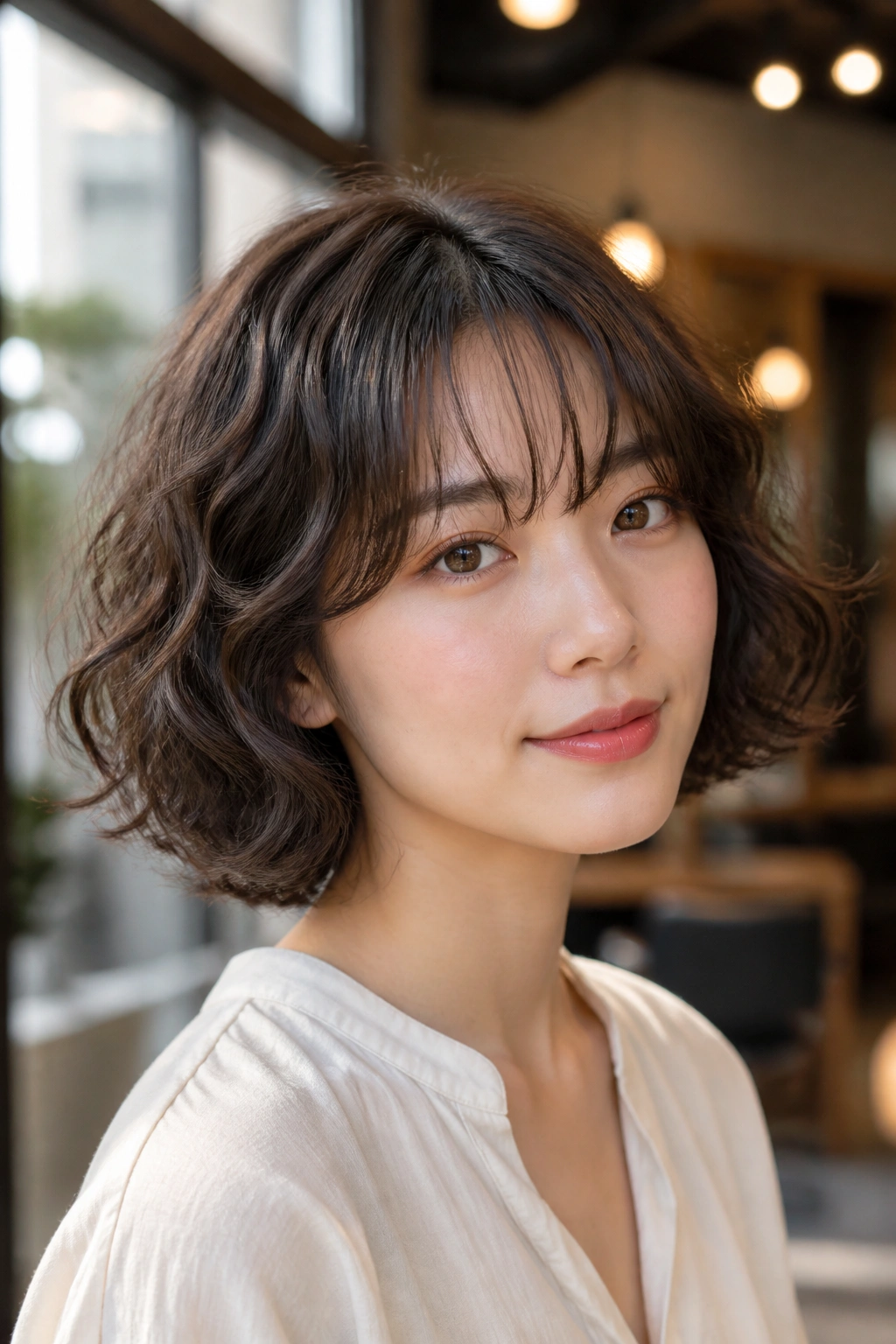 Portrait of real person with S-shaped waves and bottleneck bangs