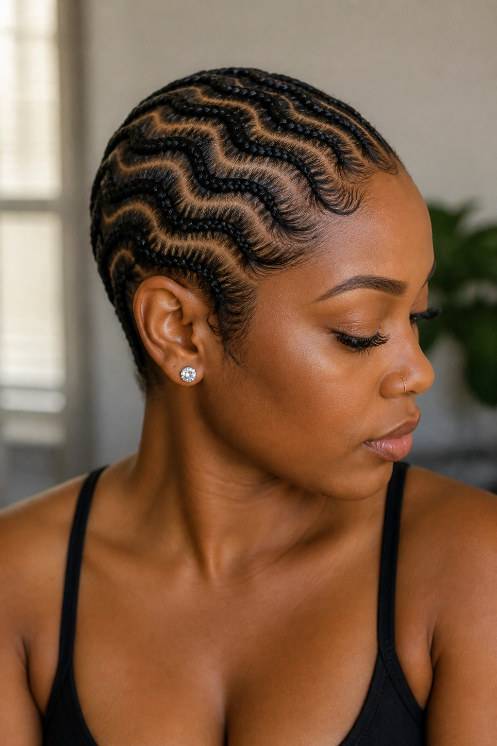 Close-up of S-wave pixie cornrows on a real person