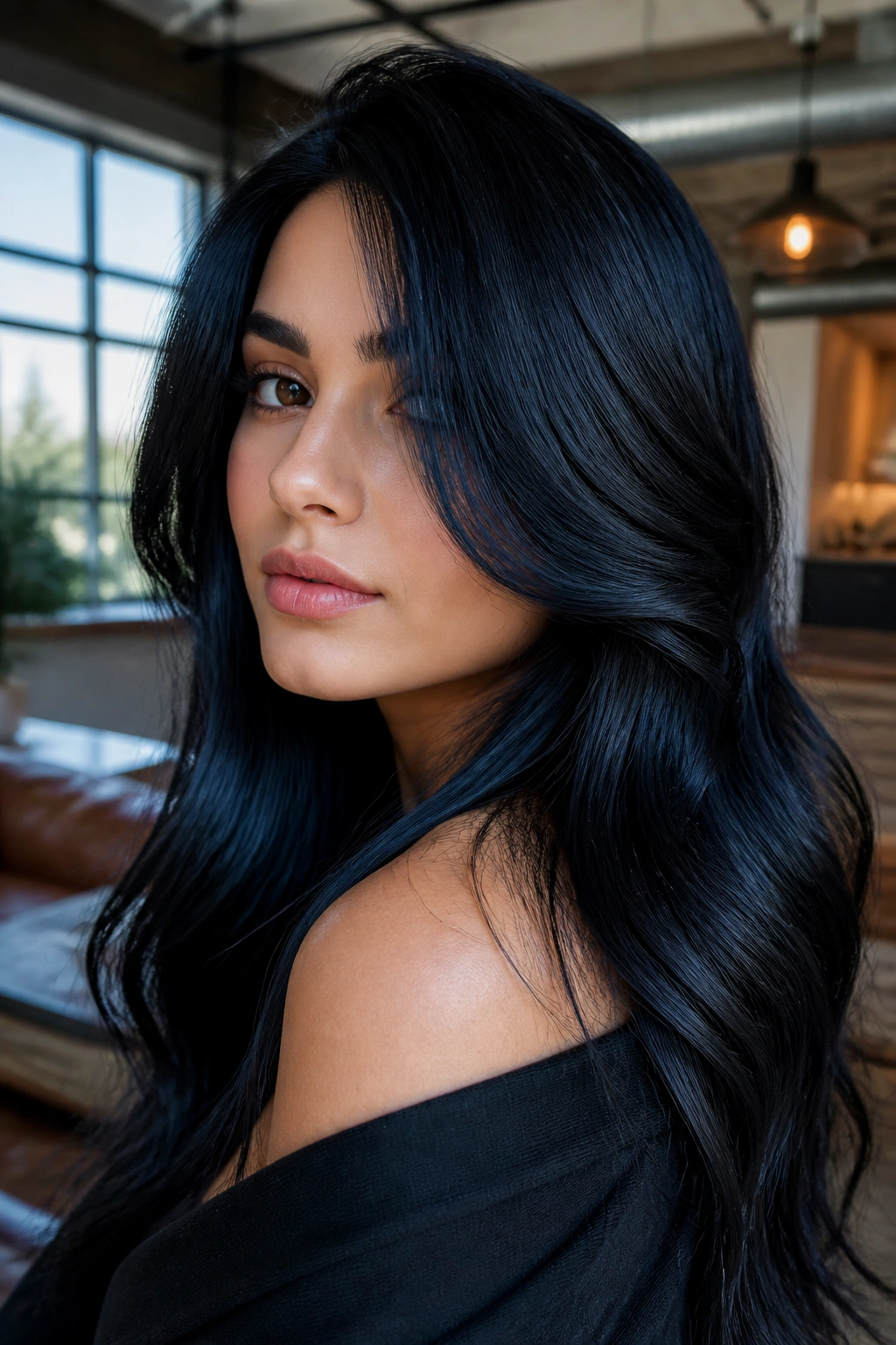 Real woman with sable black hair and blue-black sheen