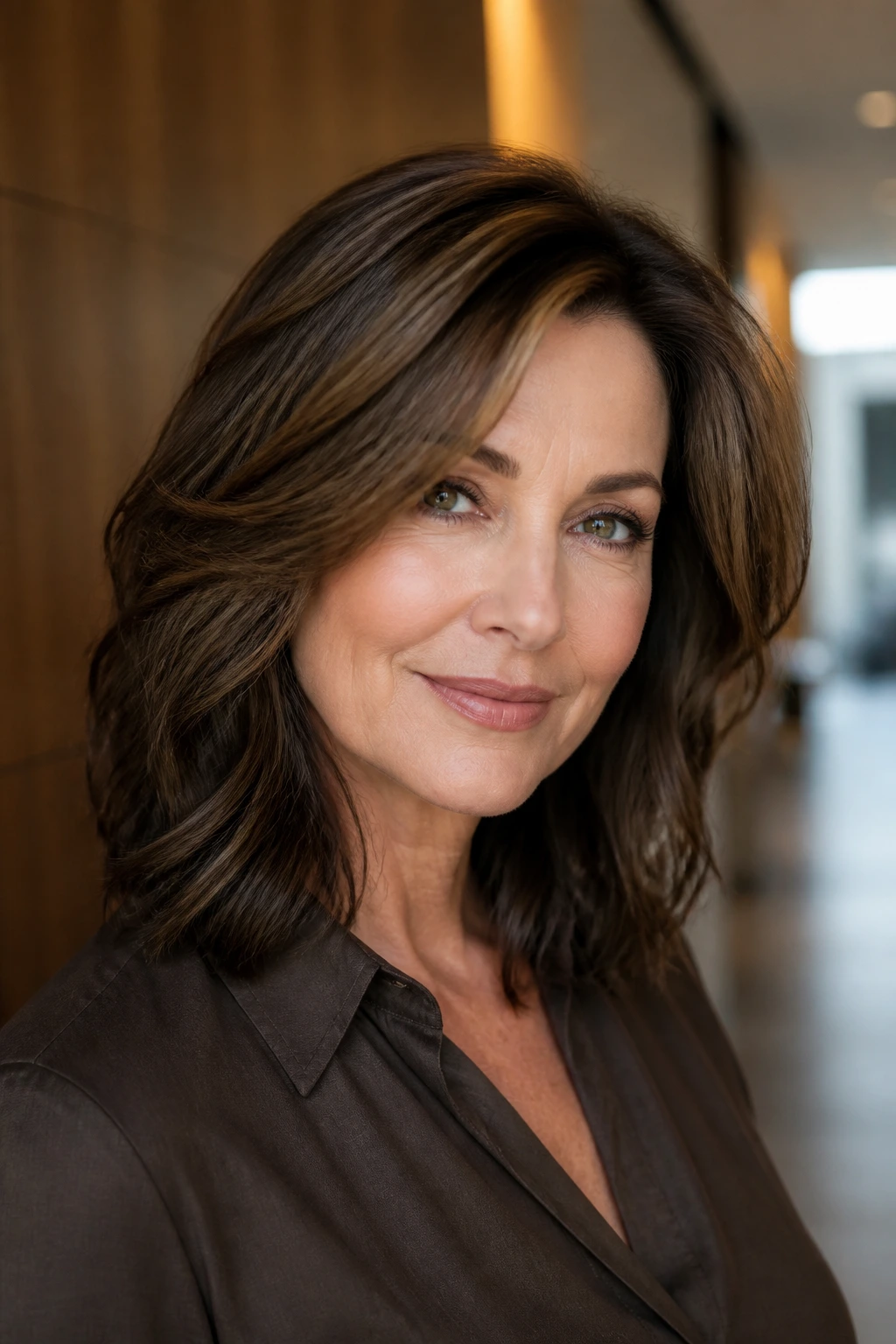 Close-up of a real woman with sable brown hair and deep lowlights