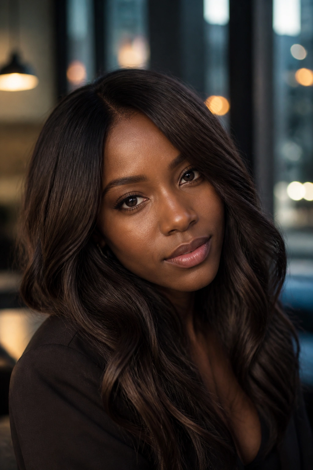 Close-up portrait of a real woman with sable brown hair under soft ambient light