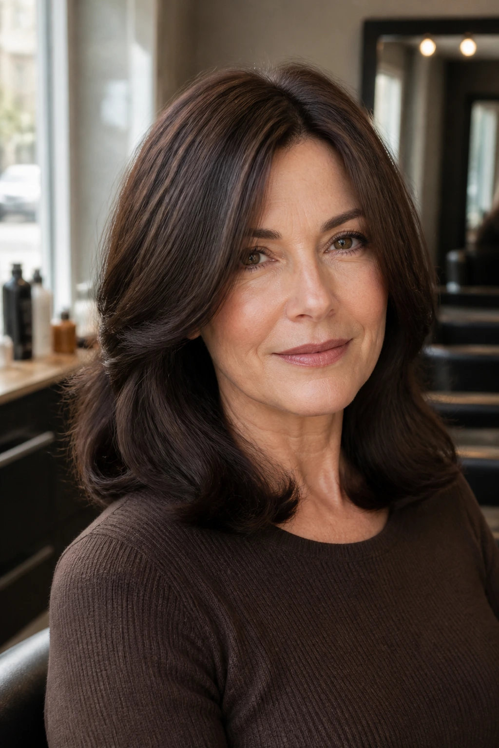 Close-up of a real woman's sable brown plush-finish hair in soft window light