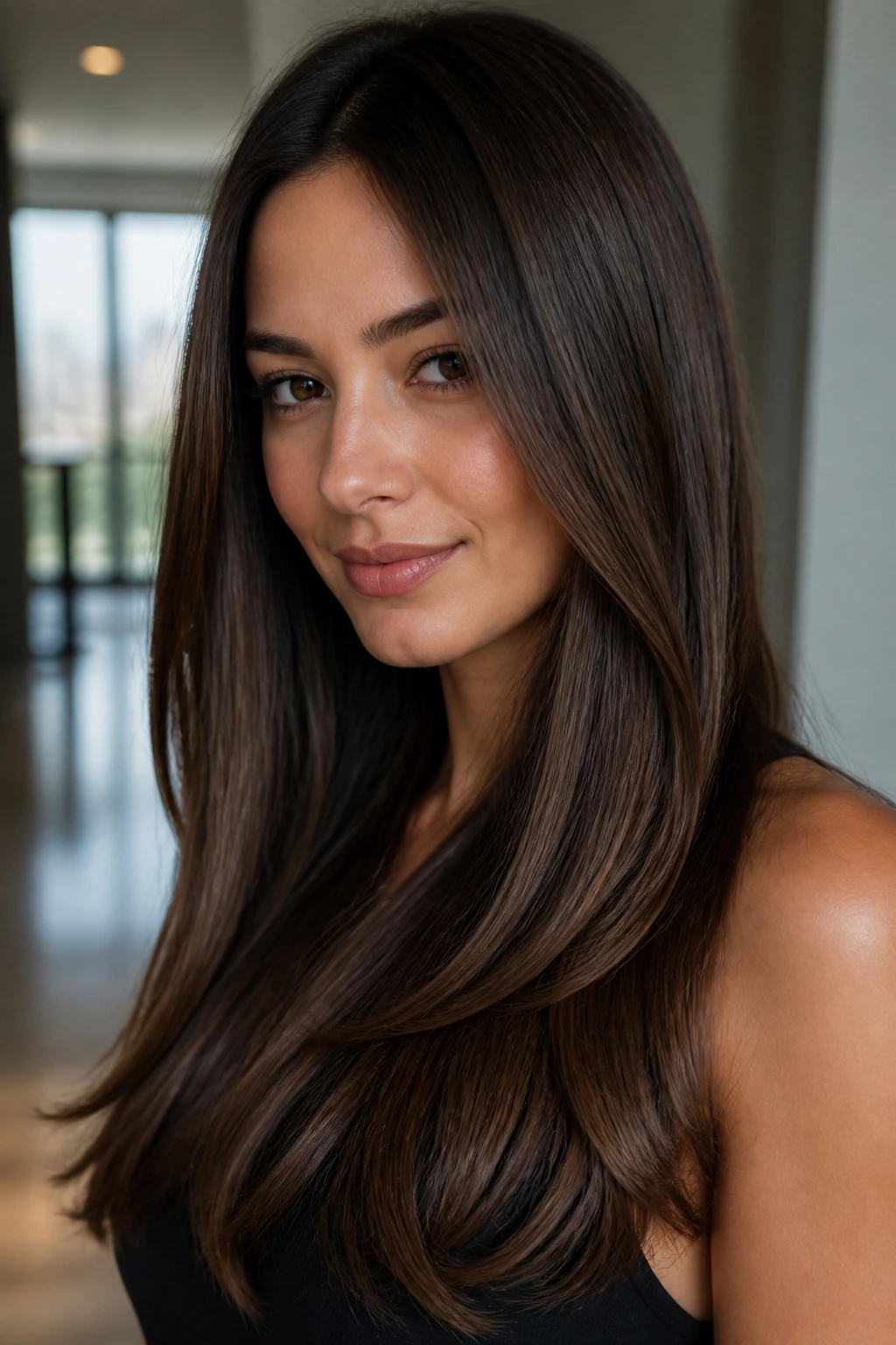 Close-up of sable brown hair with shadow root on a real person