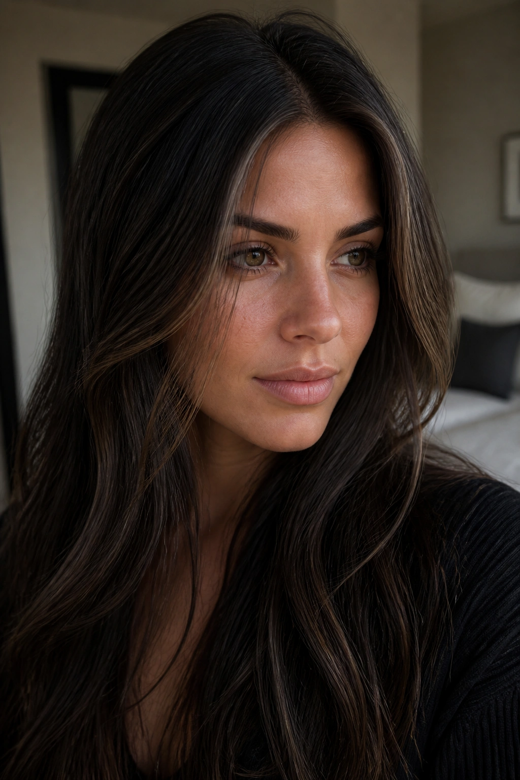 Close-up of a real woman with near-black sable hair and beige babylights