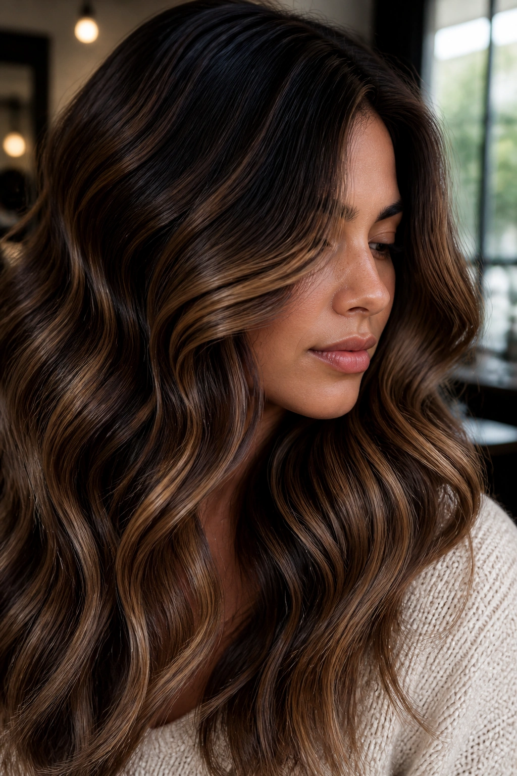 Close-up of a real woman with sable and caramel wavy hair