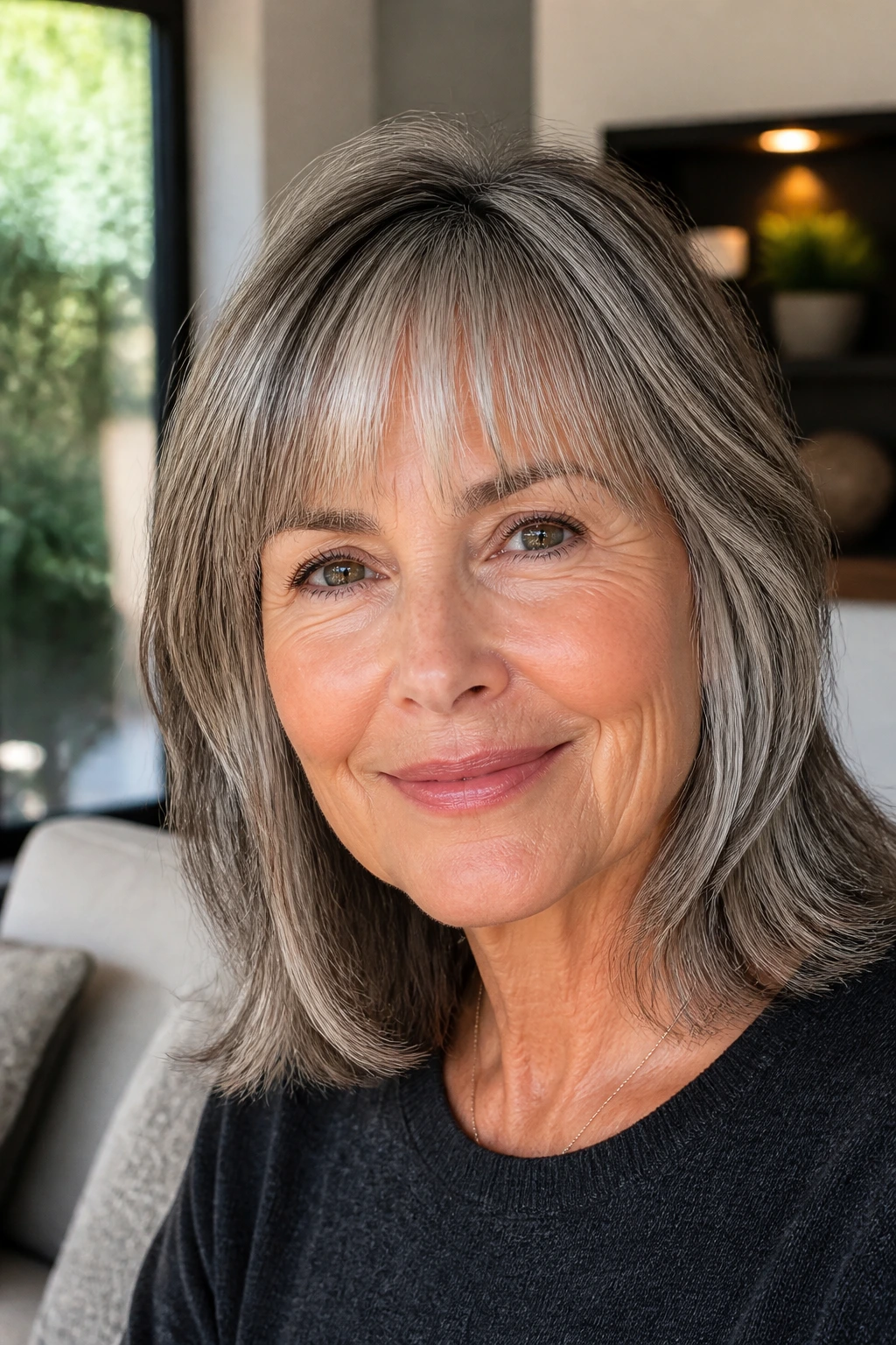 Close-up portrait of a real woman with salt-and-pepper bangs.