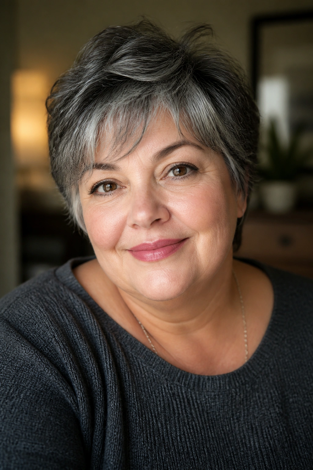 Close-up of a real woman with Salt-and-Pepper Bixie Soft Edges