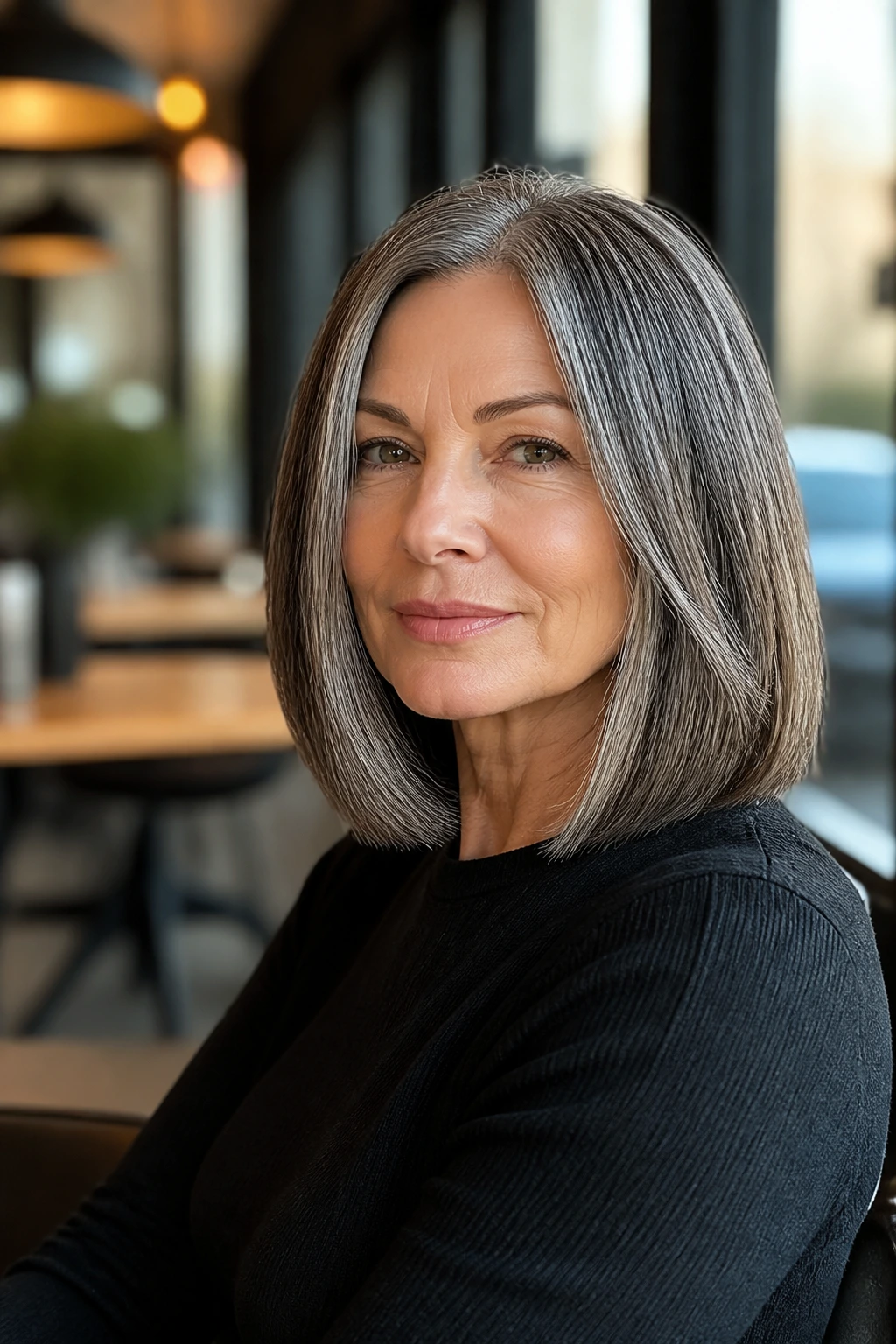 Close-up of a real woman with a salt-and-pepper blunt lob