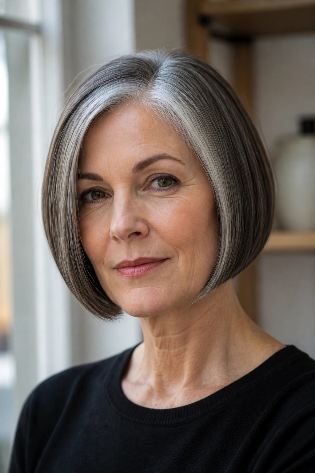 Close-up of an older woman with a sleek salt-and-pepper bob.
