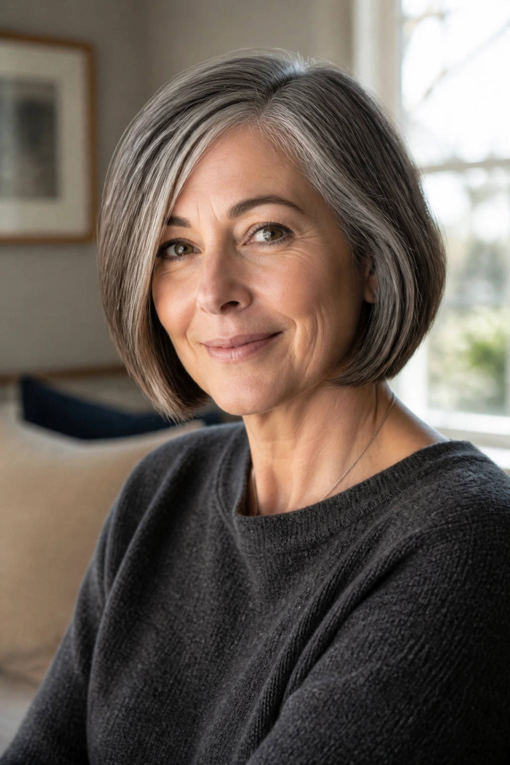 Close-up portrait of a real woman with a salt-and-pepper bob in natural color, lit by soft window light