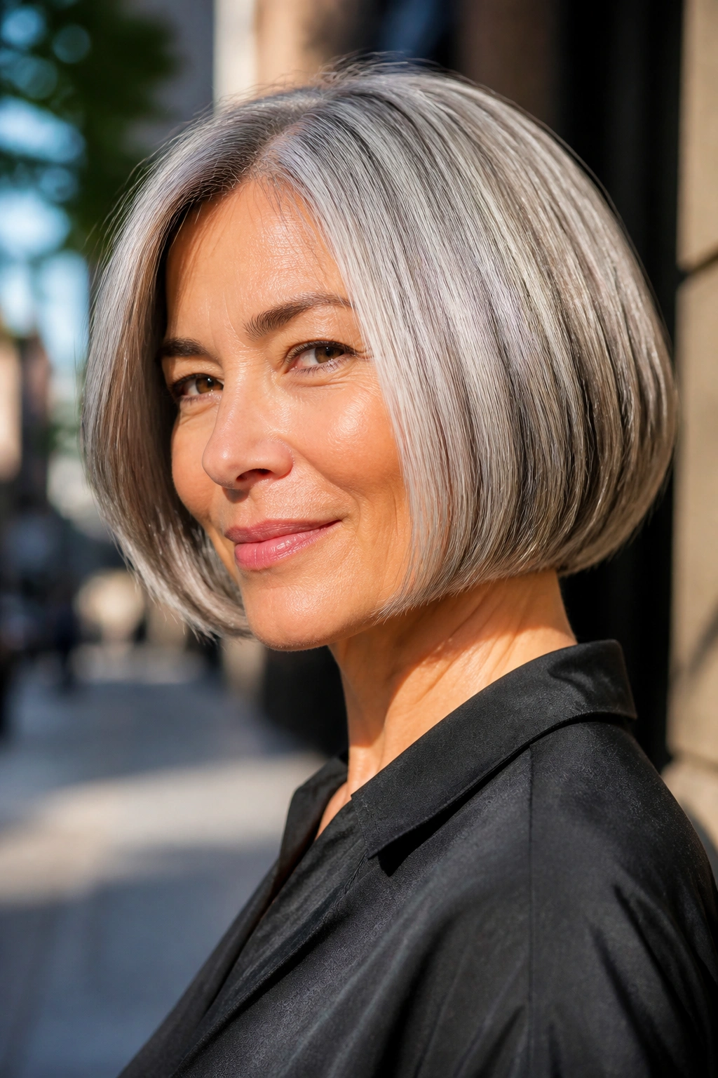 Close-up of a salt-and-pepper bob with shine on silver strands outdoors.