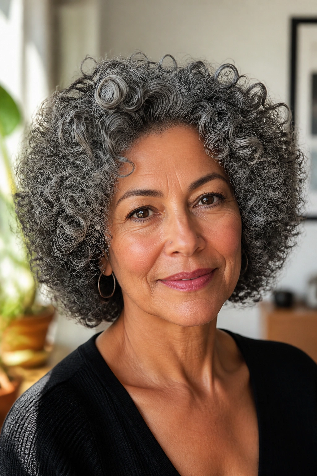 Close-up portrait of salt-and-pepper curls with a rounded shape