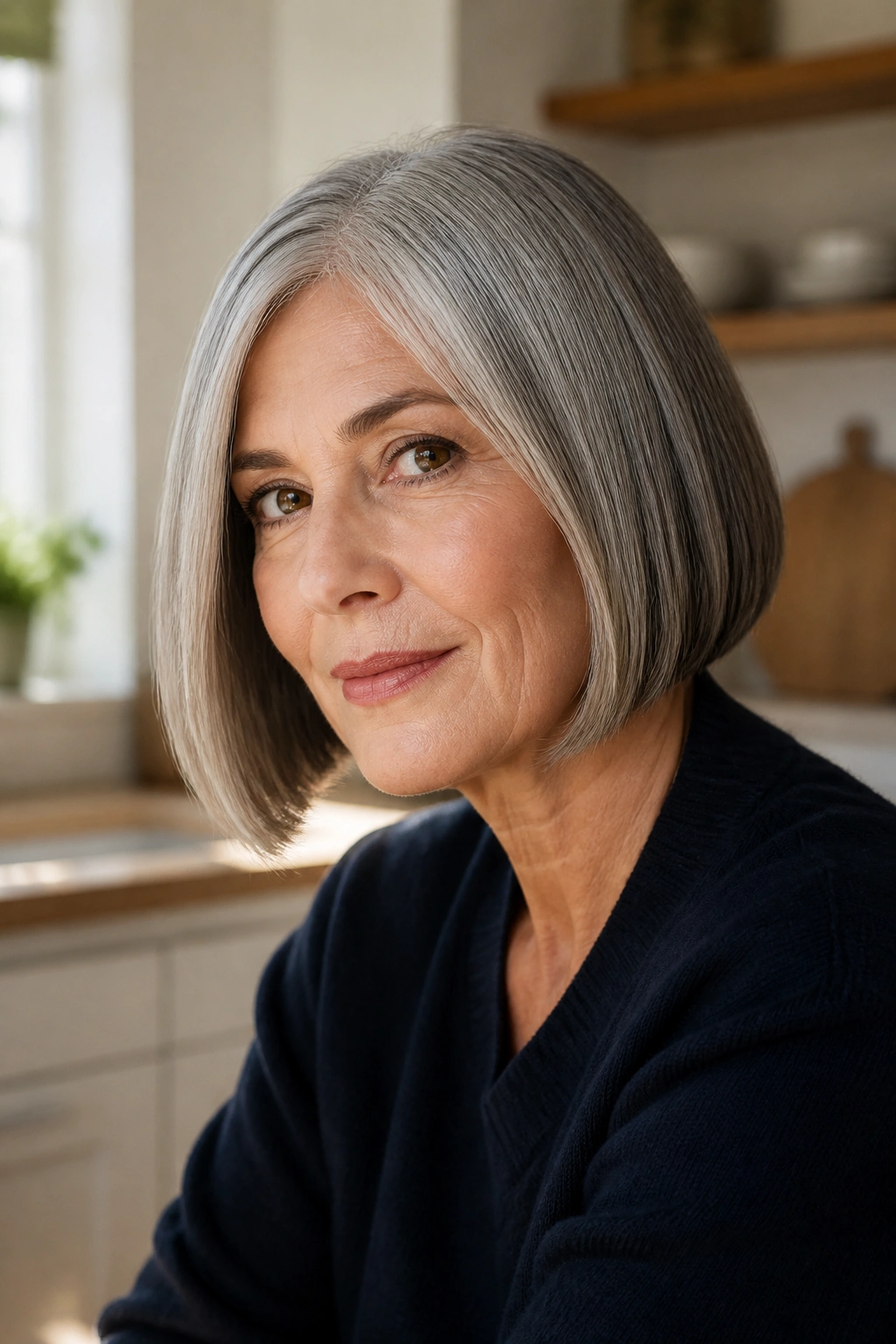 Portrait of an older woman with salt-and-pepper hair in a blunt-edged French bob