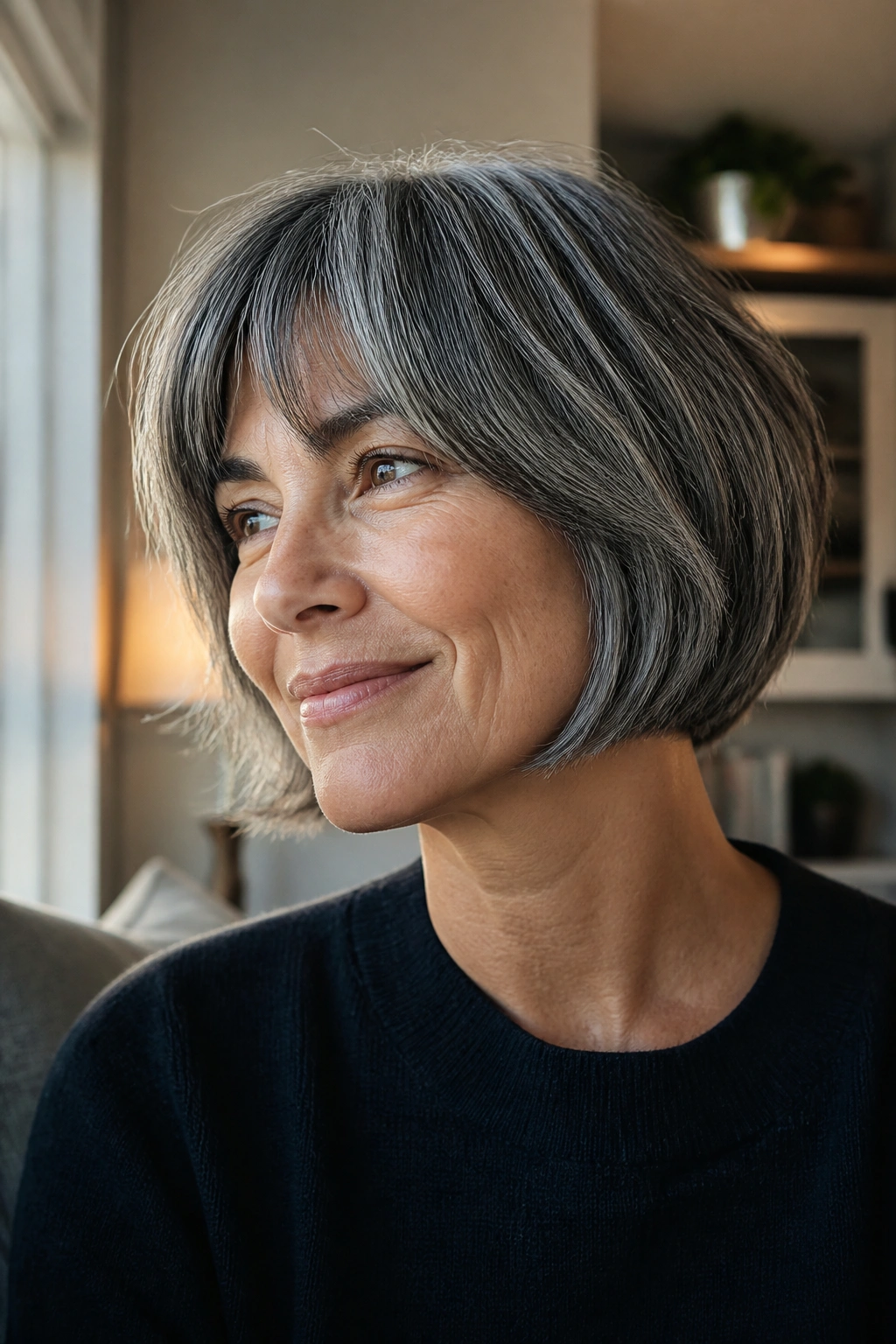 Close-up portrait of a real woman with a salt-and-pepper French bob.