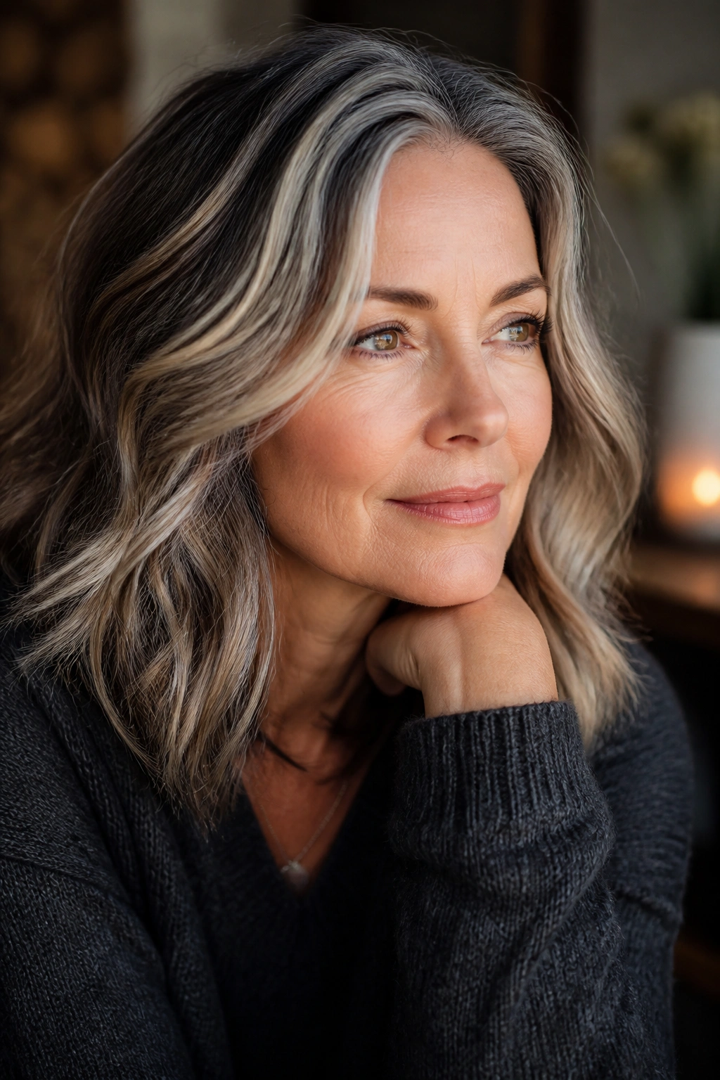 Real woman with salt-and-pepper hair and soft root blending