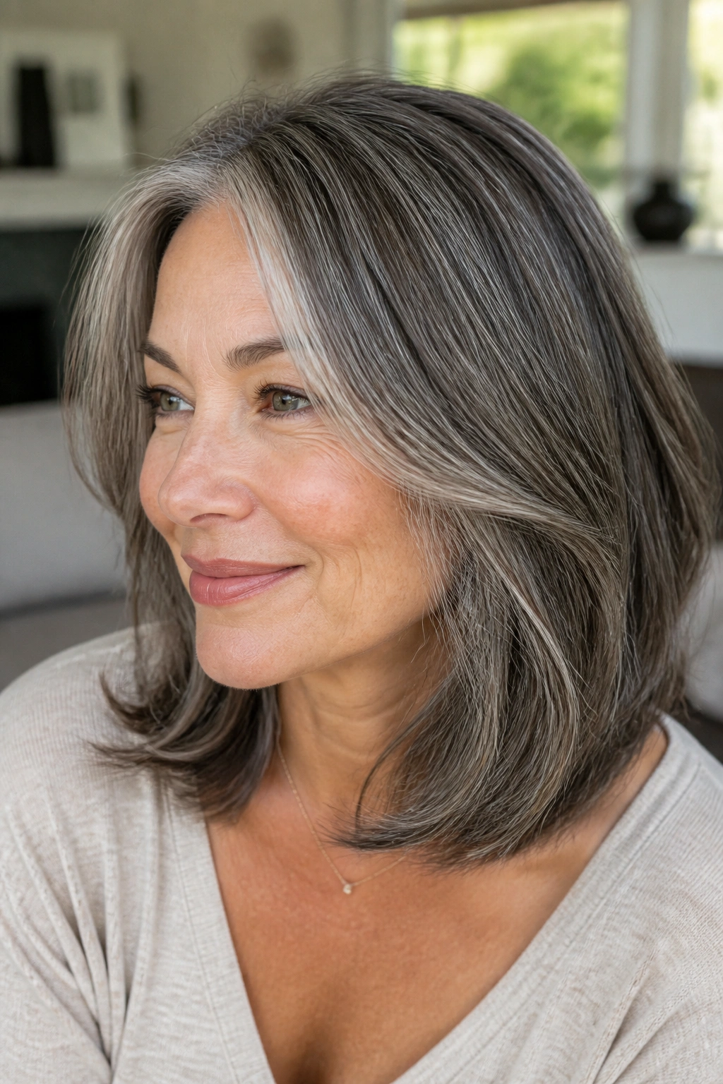 Close-up of salt-and-pepper hair with micro-highlights on a real woman
