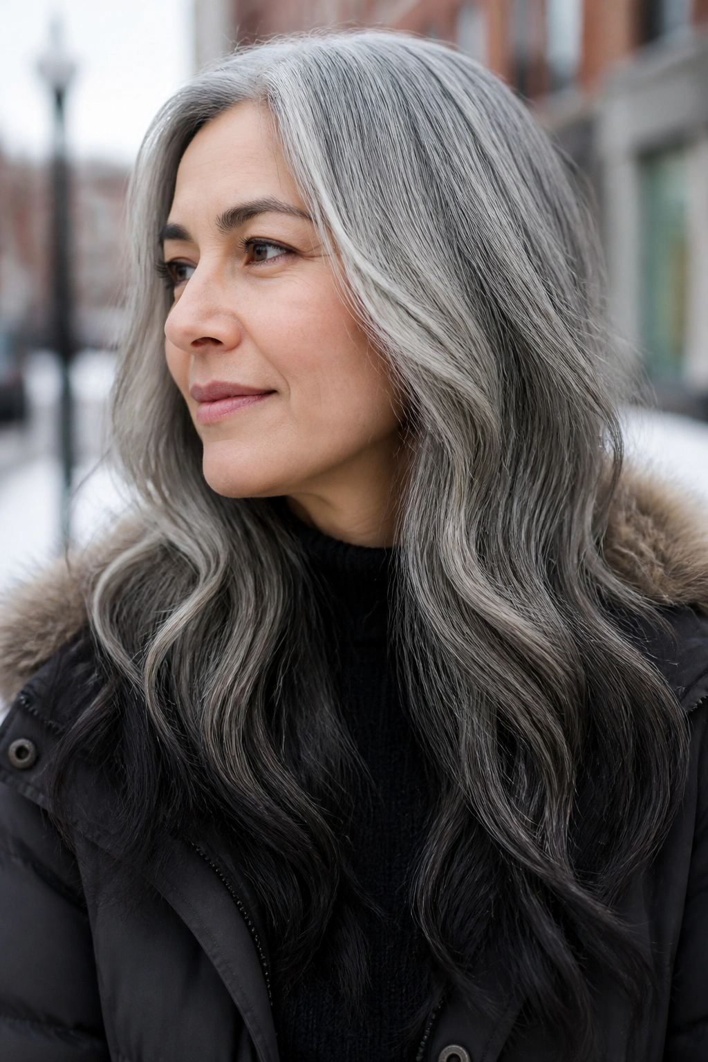 Real person with salt-and-pepper ombre and smoky ends, soft gradient from roots to tips.