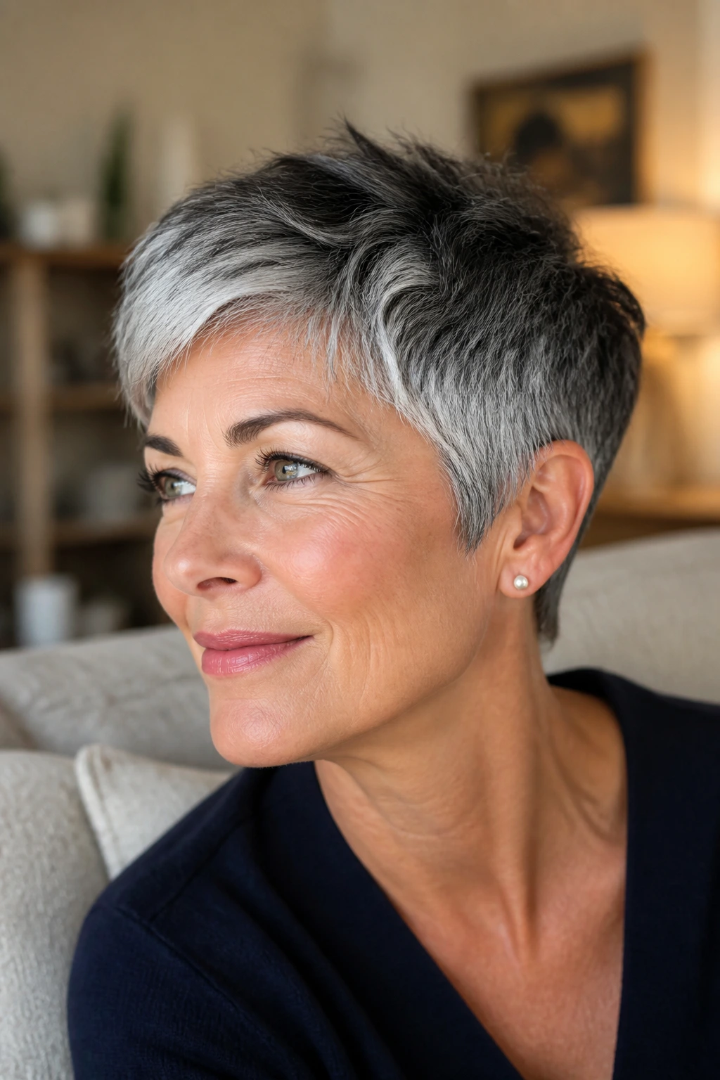 Close-up of a real woman with a salt-and-pepper pixie cut showing charcoal and silver contrast.