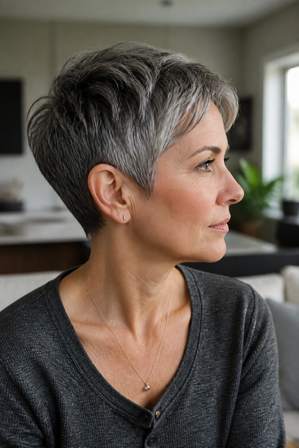 Real woman with a salt-and-pepper pixie crop and clean outline in a warm, natural setting.