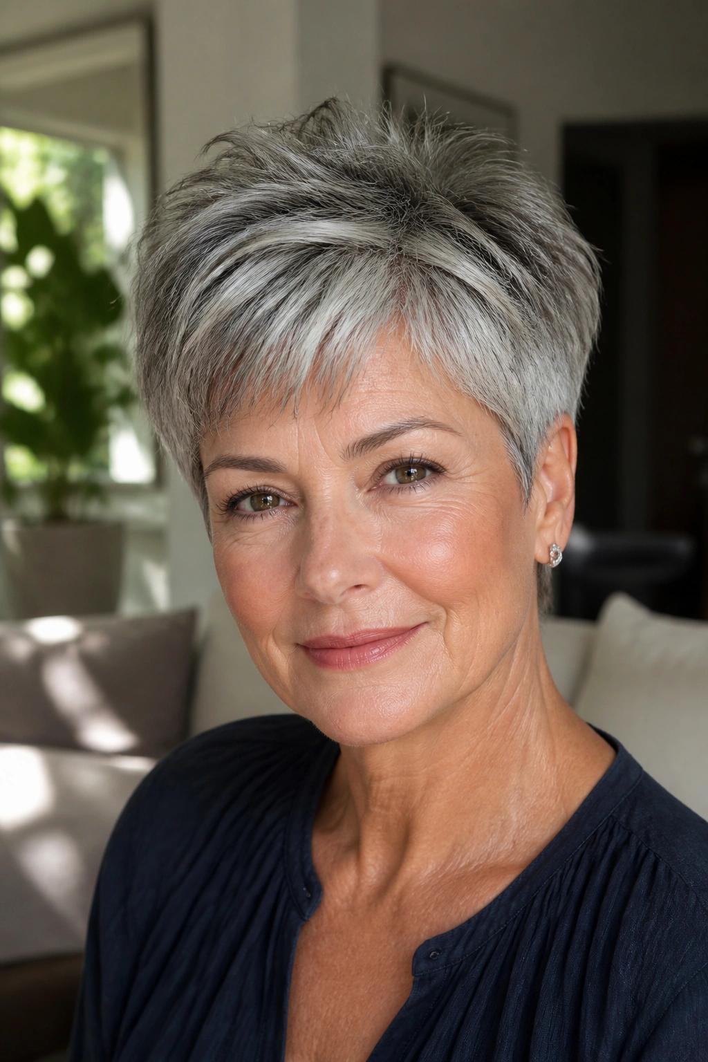 Close-up of a real woman with salt-and-pepper pixie and crown height under natural light.