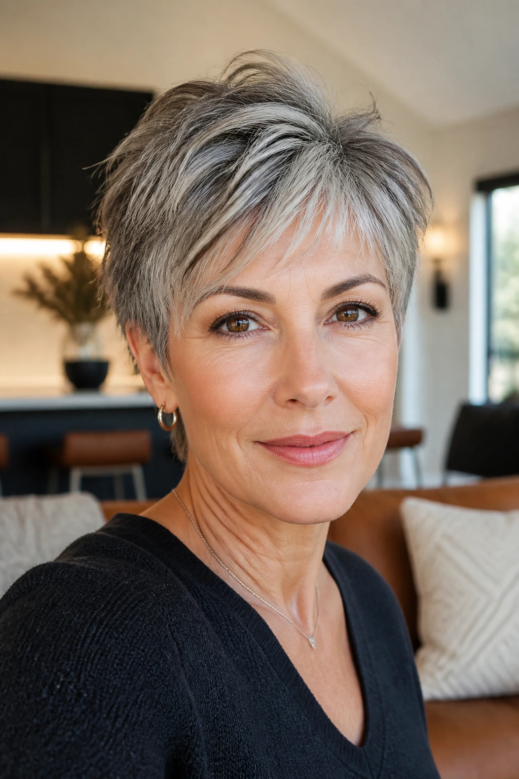 Close-up of a real person with a dimensional salt-and-pepper pixie under warm daylight