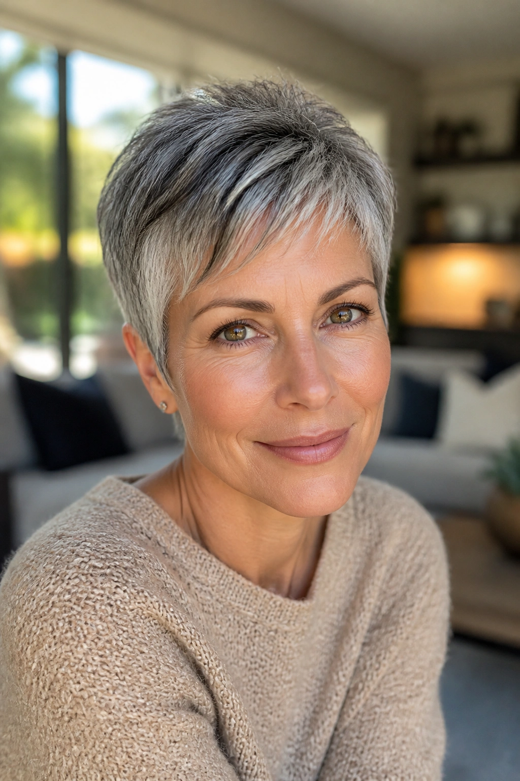 Close-up portrait of a real woman with salt-and-pepper pixie in a cozy living room.