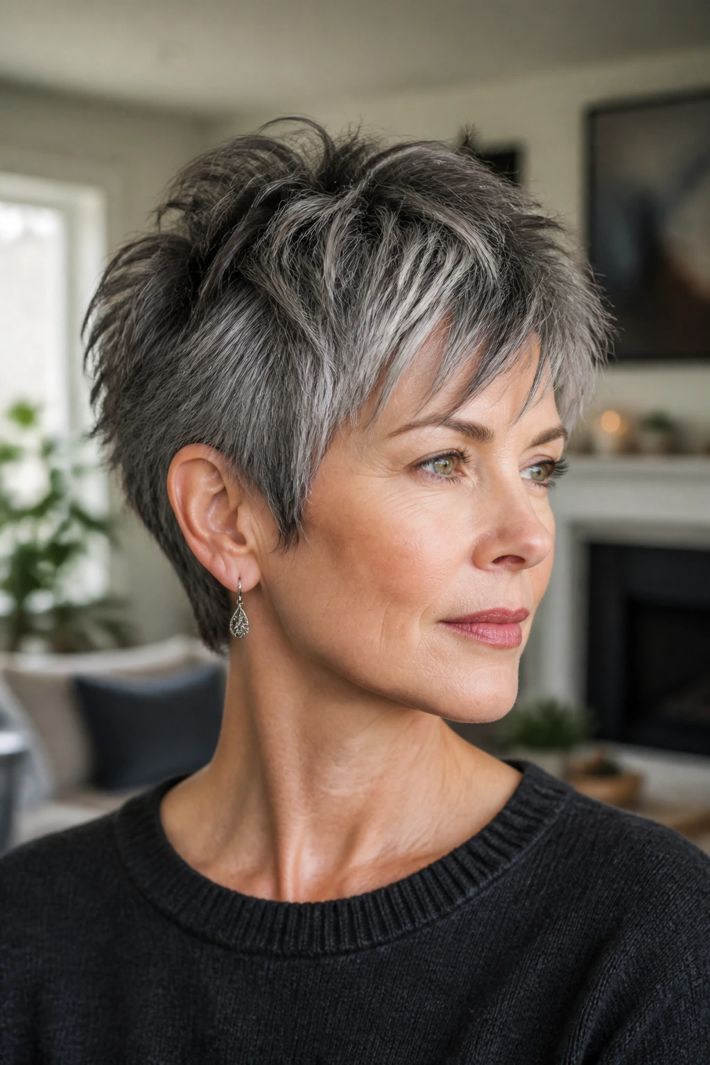 Close-up portrait of a real person with salt-and-pepper textured pixie wolf cut in a bright living room.