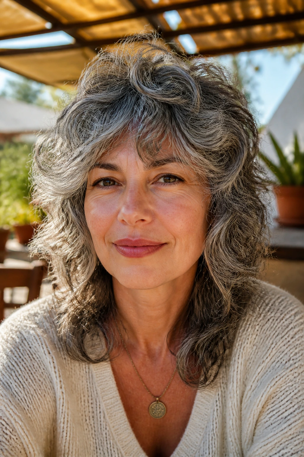 Close-up of a real person with salt-and-pepper curls in a layered shag