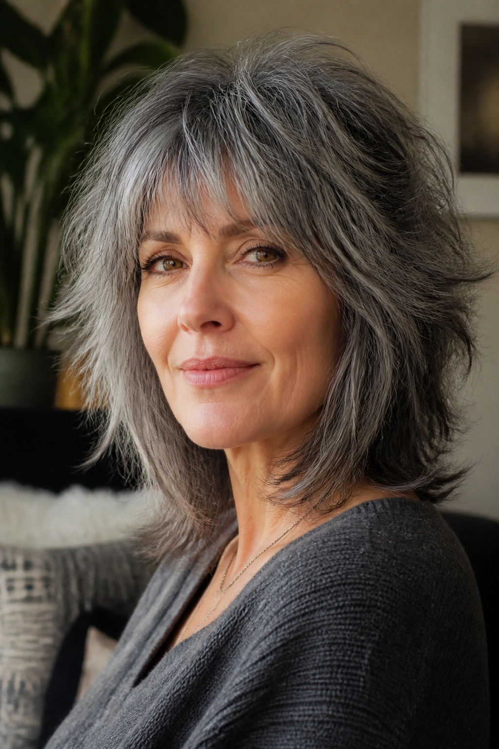 Close-up portrait of a real woman with a salt-and-pepper shag.