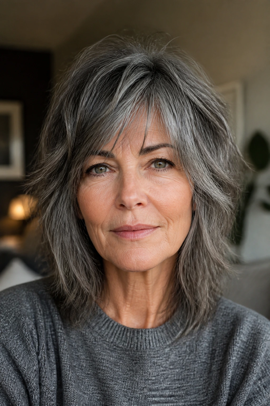 Close-up portrait of real person with salt-and-pepper shag