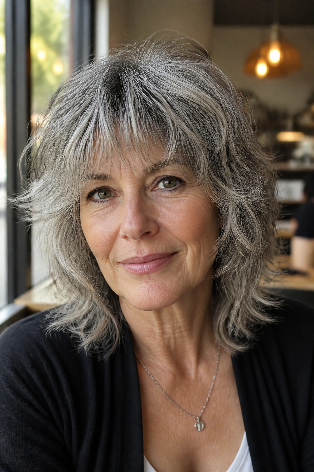 Close-up of a real woman with salt-and-pepper shag hairstyle, layered texture and lift