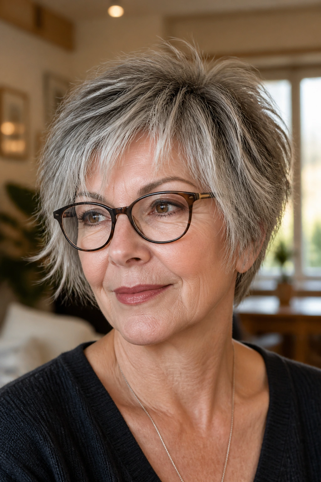 Close-up of a senior woman with salt-and-pepper shaggy crop and glasses