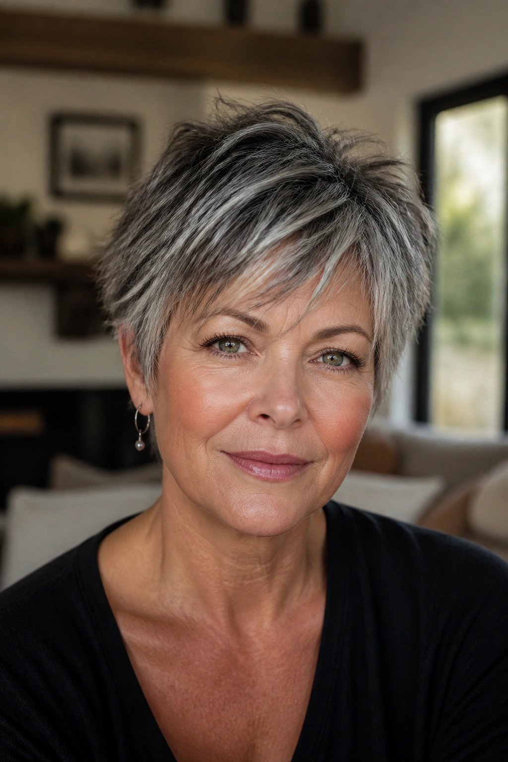 Close-up portrait of a real woman with a salt-and-pepper shaggy pixie hairstyle in window light.