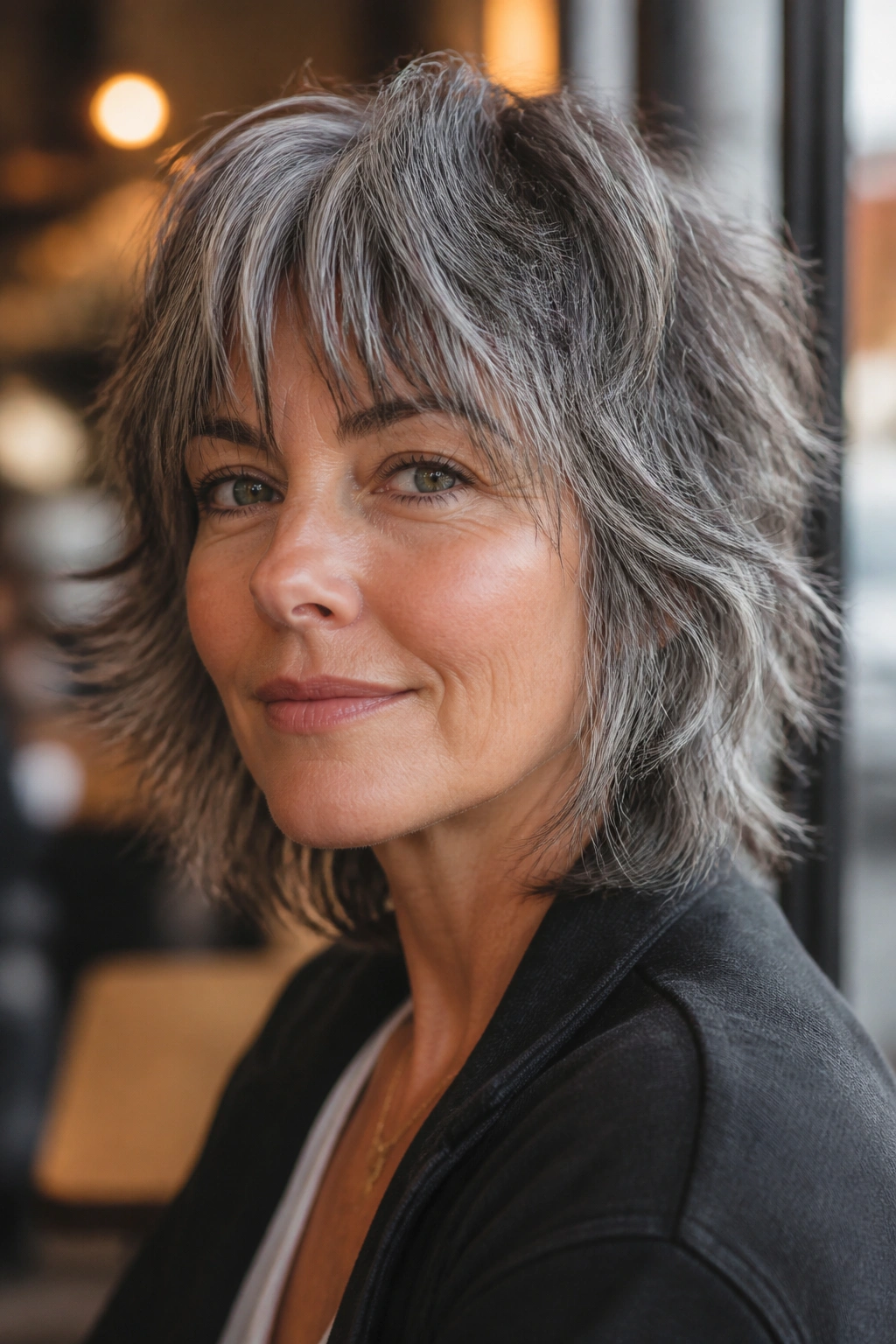 Close-up portrait of a real woman with salt-and-pepper wolf cut showing silver and dark layered hair