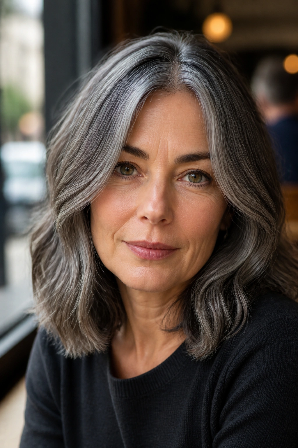 Close-up of salt-and-pepper hair blending with cool ash tones on a real woman
