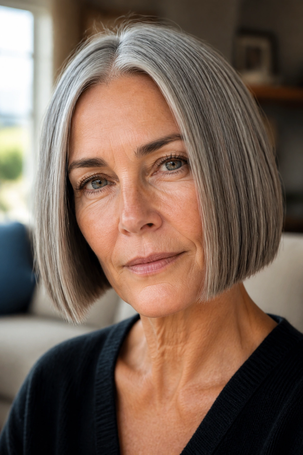 Close-up of a real woman with a salt-and-pepper blunt bob and clean edge.