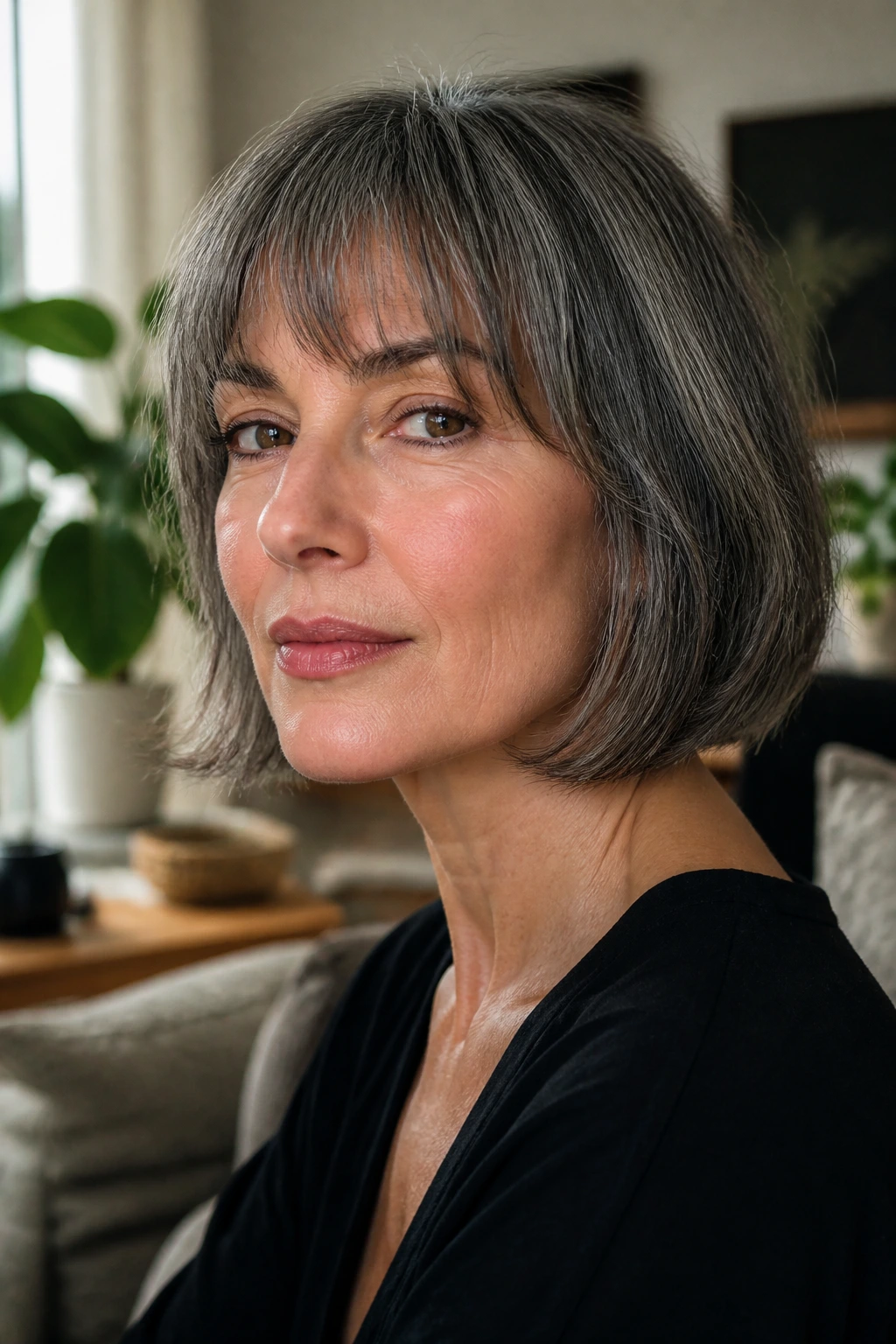 Close-up of salt-and-pepper Italian bob with soft bangs on a real person