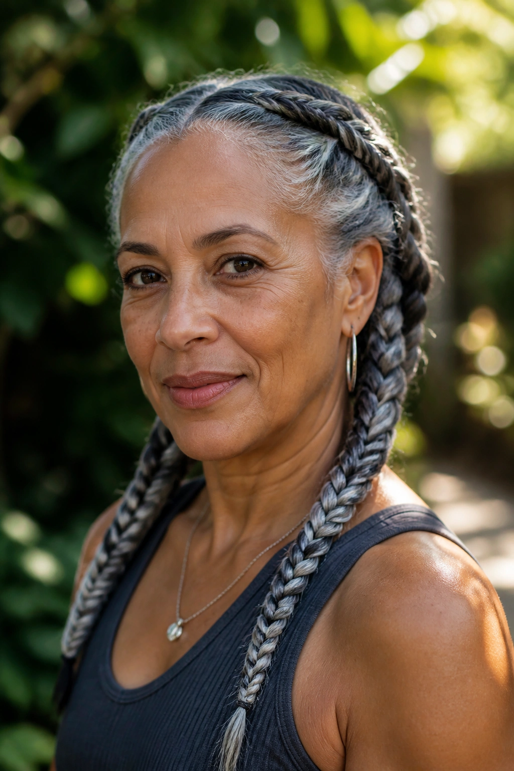 Close-up of a woman with salt-and-pepper braids and twists in natural light