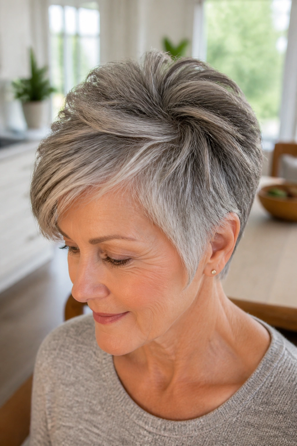 Older woman with salt-and-pepper pixie bob and crown lift